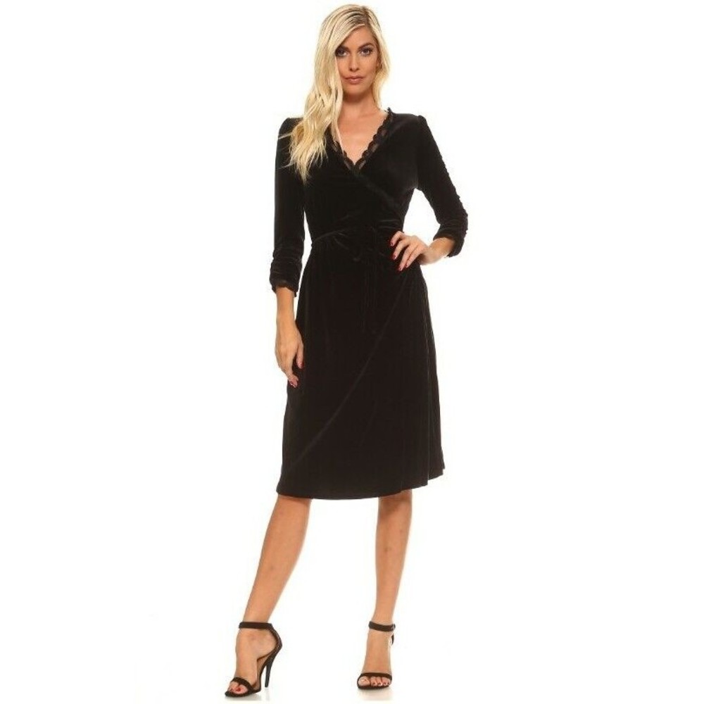 Christine V Womens Velvet Scallop Lace Trim Wrap Dress, Black, Medium